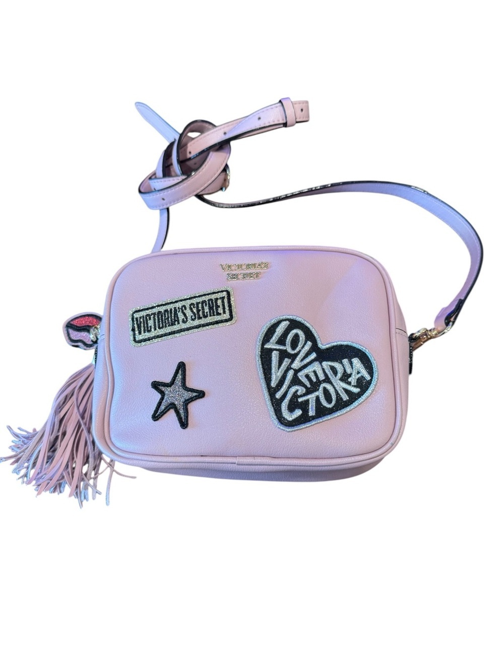 Victoria's Secret Crossbody Belt Bag Pink Shimmer Patches Tassel
